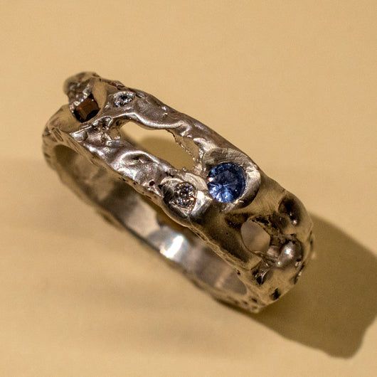 Silver Textured Treasure Chunky Band - garnet, white diamonds & aquamarine