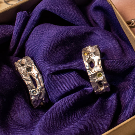 Silver Textured Treasure Chunky Hoops - with peridot, black sapphire, yellow sapphire and aquamarine